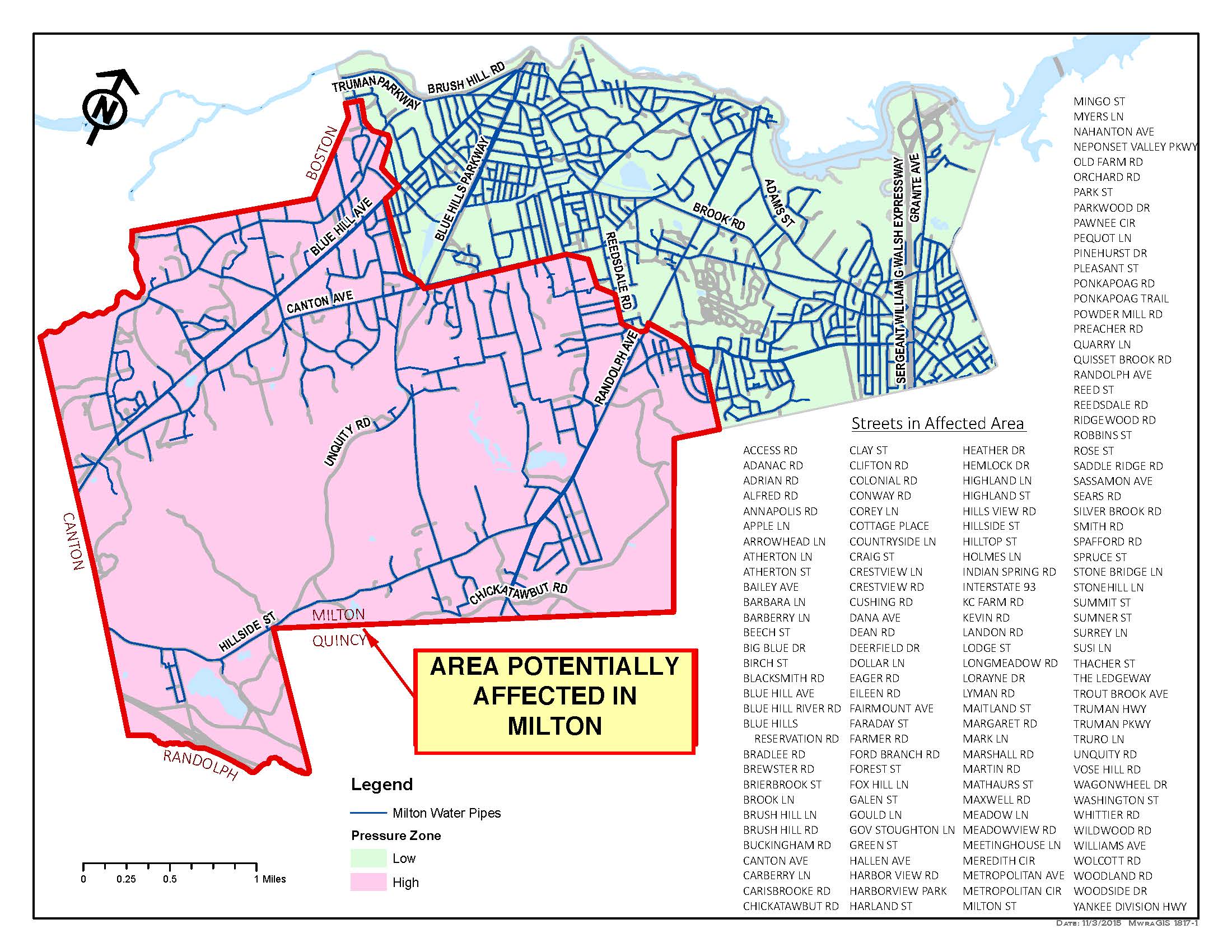 Location of potentially affected area in Milton